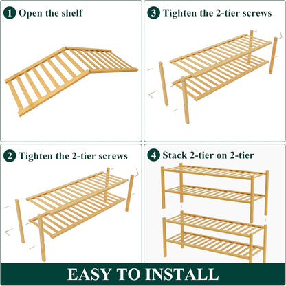 Smiry Bamboo Shoe Rack for Closet, 3 Tier Wooden Shoe Organizer, Stackable Wood Shoe Storage Shelf for Entryway, 14 Vertical Slats, One-piece Heavy-Duty Legs, 26.77"x11.02"x18.31", Natural
