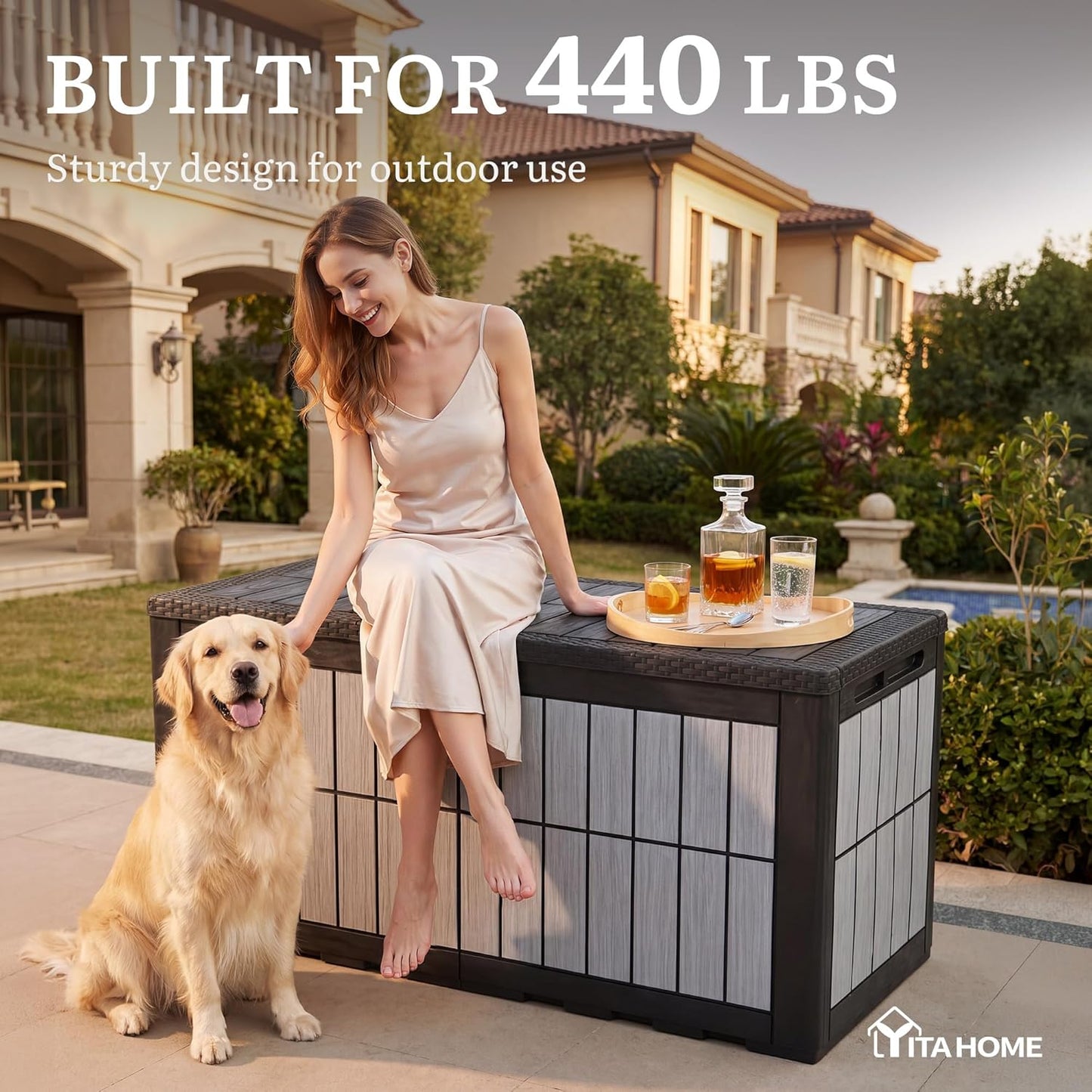 YITAHOME 134 Gallon Large Deck Box | Waterproof Resin Outdoor Storage Box with Lock, Doubles as 2-Person Bench Seating for Patio Furniture Cushions,Garden Tools &