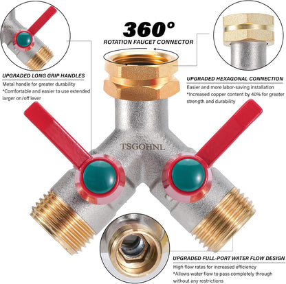 Hose Splitter 2 Way, Y-Valve Water Spigot Splitter, High Flow Faucet Splitter, 3/4" GHT Thickened Hexagonal Water Inlet with 2 Garden Hose Coiled Spring Protectors and 2 More Extension Handles