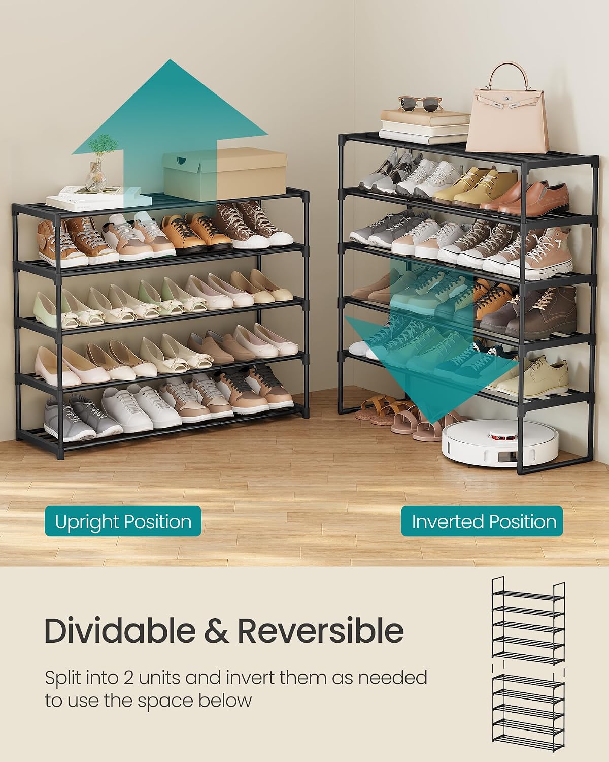 SONGMICS Shoe Rack, 6-Tier Shoe Organizer, Metal Storage Shelf, Upright or Upside Down, for 24-30 Pairs, Stackable, for Entryway, 11.8 x 36.2 x 42.7 Inches, Black ULSA306BH01