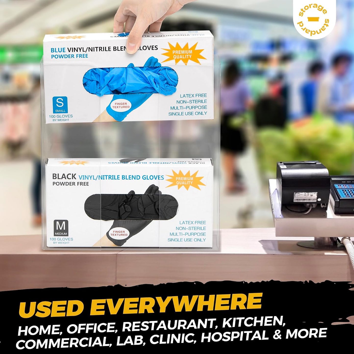 Storage Standard Glove Box Holder Dispenser - Kitchen, Medical, & Latex Gloves Holder Wall Mount or Countertop, Universal Fit - Thick Acrylic, Easy to Use, Slide, & Load Open Top Design - Clear