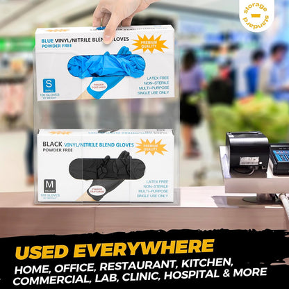 Storage Standard Glove Box Holder Dispenser - Kitchen, Medical, & Latex Gloves Holder Wall Mount or Countertop, Universal Fit - Thick Acrylic, Easy to Use, Slide, & Load Open Top Design - Clear