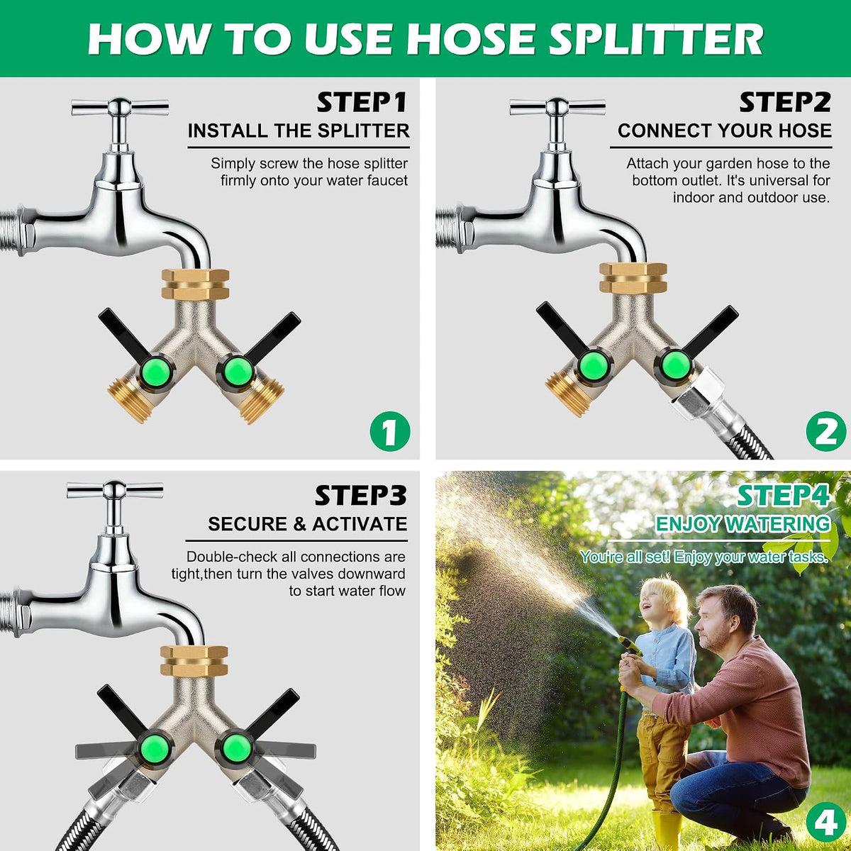 Love Is War 2 Way Hose Splitter Garden Water Faucet Spigot Splitter | Standard 3/4 inch GHT thread fits all common outdoor spigots and hoses