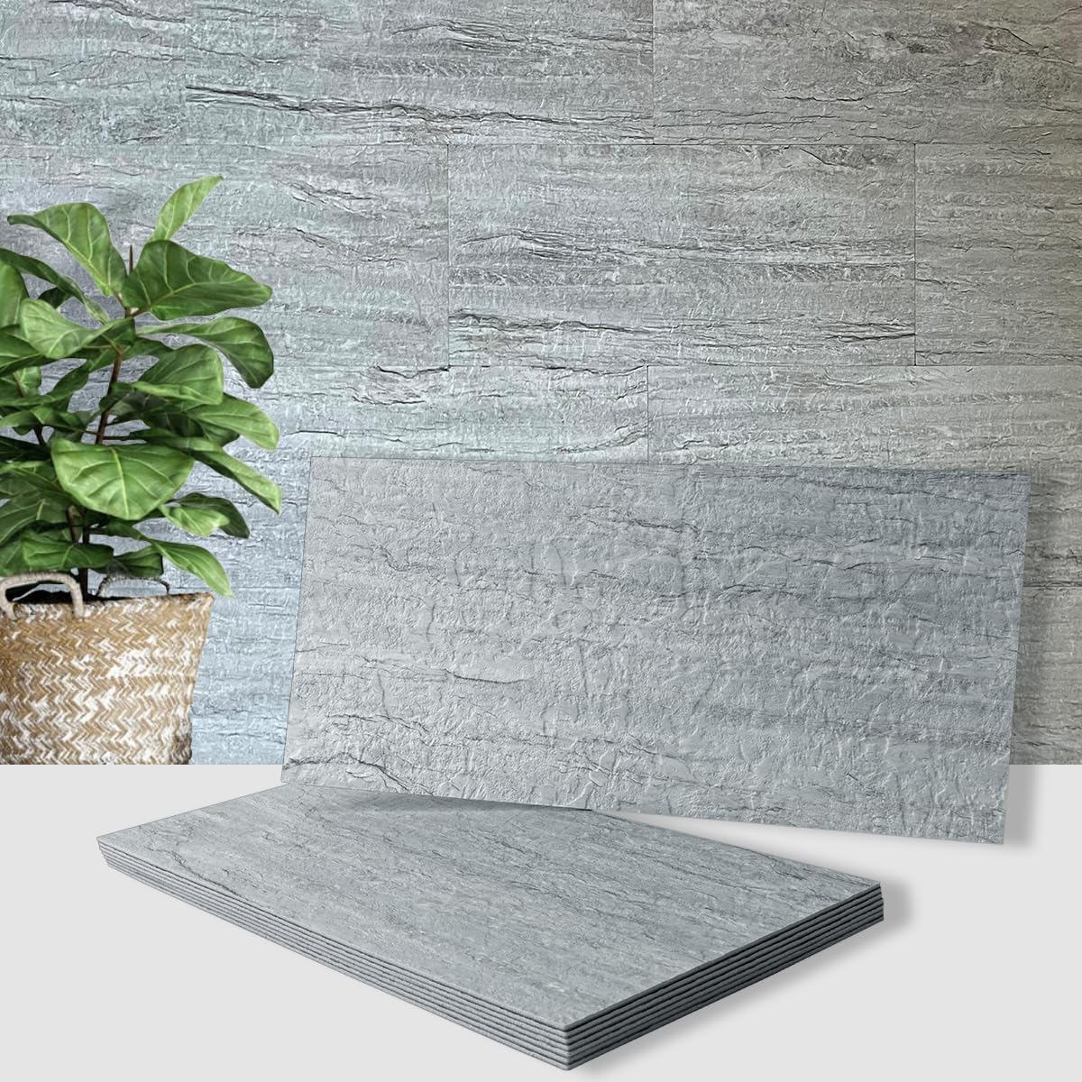 AULIGET 6" x 12" Black Slate Peel and Stick Backsplash Wall Tiles, PVC Faux Stone Stick on Tiles for Backsplash Kitchen, Bathroom, Laundry Room, Camper, Fireplace (Pack of 20)