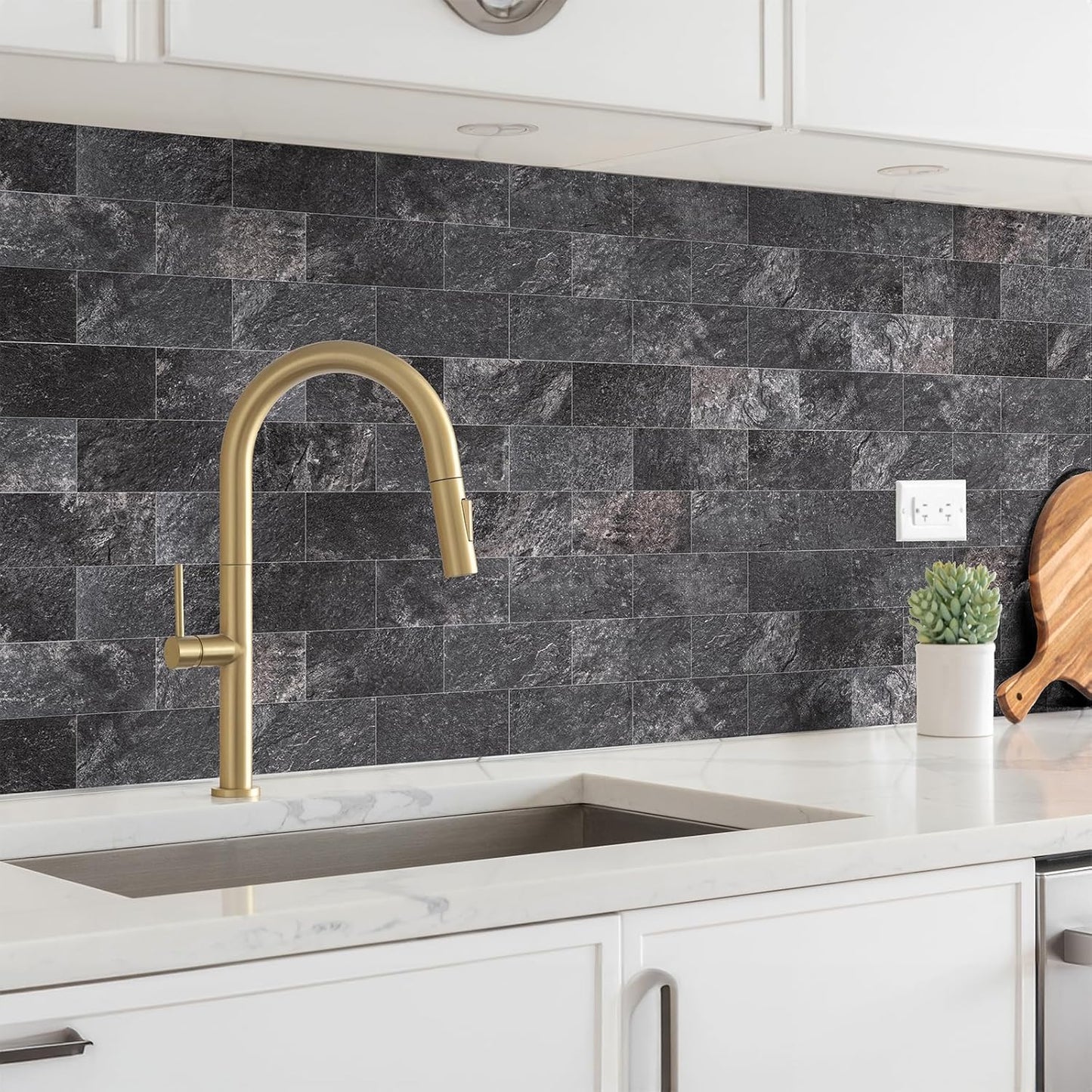 StyloVue 100 Pieces Peel and Stick Backsplash for Kitchen, 3" x 6" PVC Subway Tile, Glossy White with Dark Gray Grout, Self Adhesive Stick on Wall Tiles for Kitchen, Bathroom, Fireplace, RV