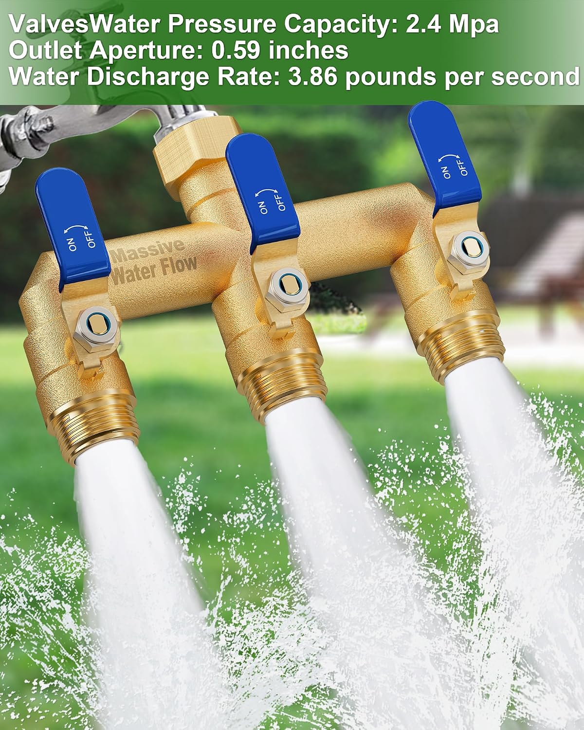 3 Way Hose Splitter, Heavy Duty Full Flow Garden Water Hose Bib Spigot Splitter, Brass Rust and Freeze Resistant Outdoor Faucet Splitter, T Adapter Connector with 3/4 - Inch GHT Thread （Green）