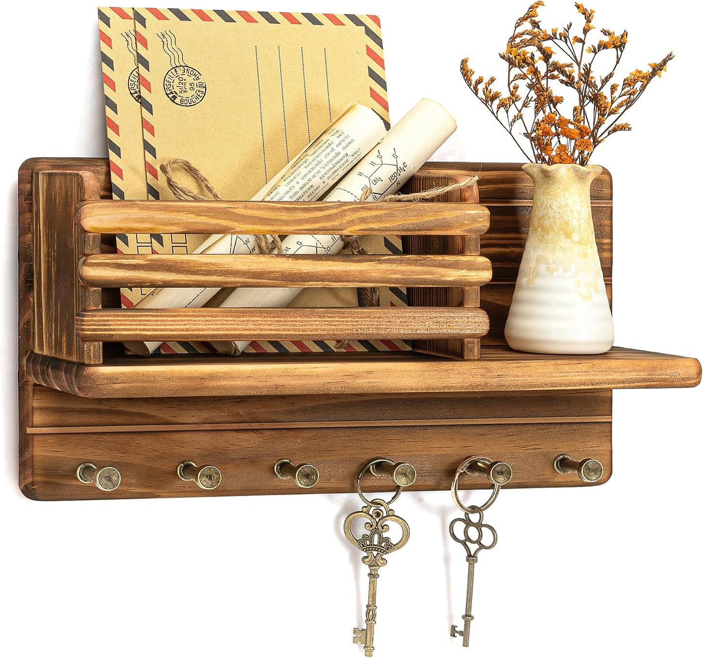 Rebee Vision Pine Wood Key Holder Wall Mount for Room Decor– 6 Hooks for Umbrella & Hats - Wooden Key Holder for Wall with Mail Slot Can Store Letters and Postcard (Green)