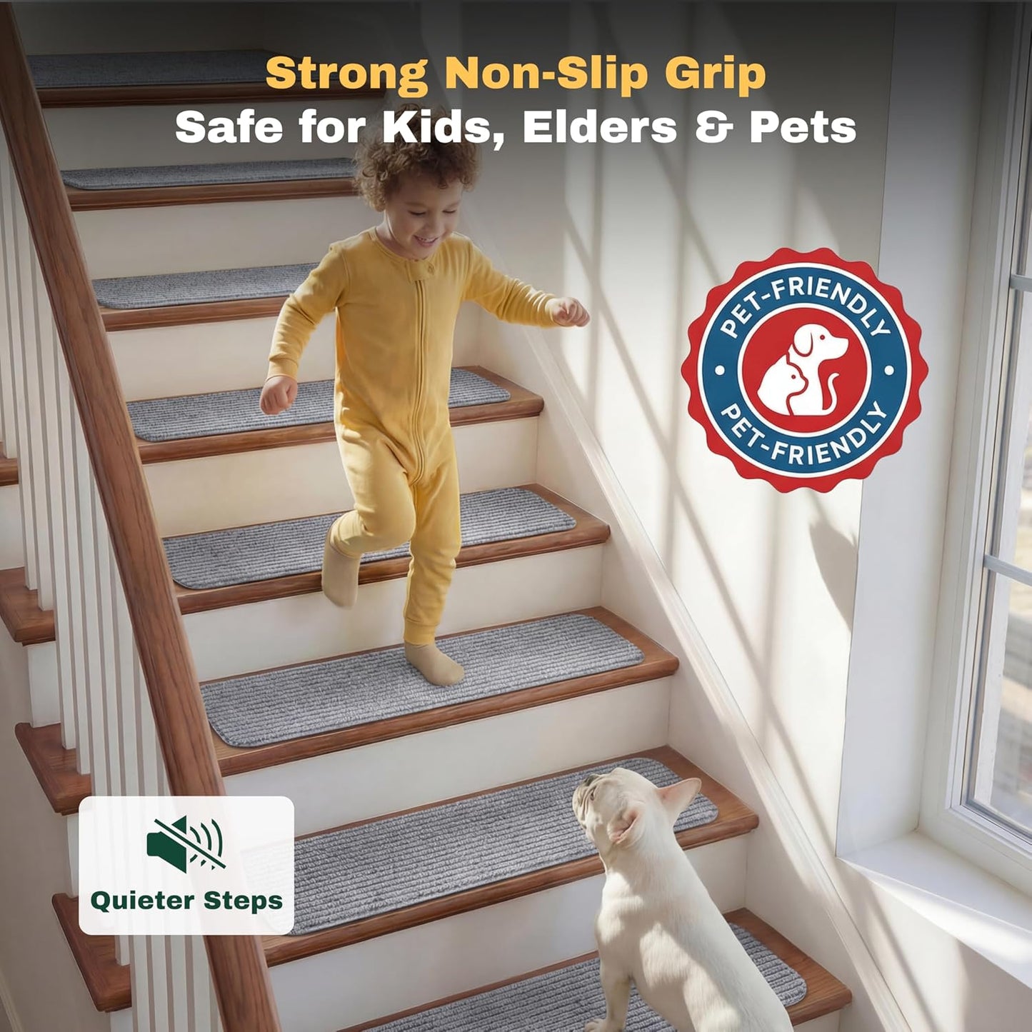 MBIGM 8" X 30" (15 in Pack) Nonslip Carpet Stair Treads Non-Skid Safety Rug Slip Resistant Indoor Runner for Kids Elders & Pets with Reusable Adhesive - Brown - Non Slip Stair Treads Indoor