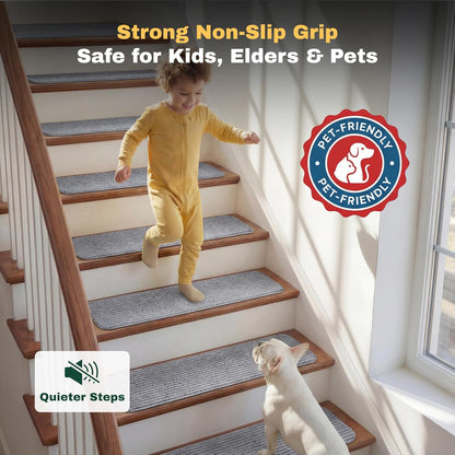 MBIGM 8" X 30" (15 in Pack) Nonslip Carpet Stair Treads Non-Skid Safety Rug Slip Resistant Indoor Runner for Kids Elders & Pets with Reusable Adhesive - Brown - Non Slip Stair Treads Indoor