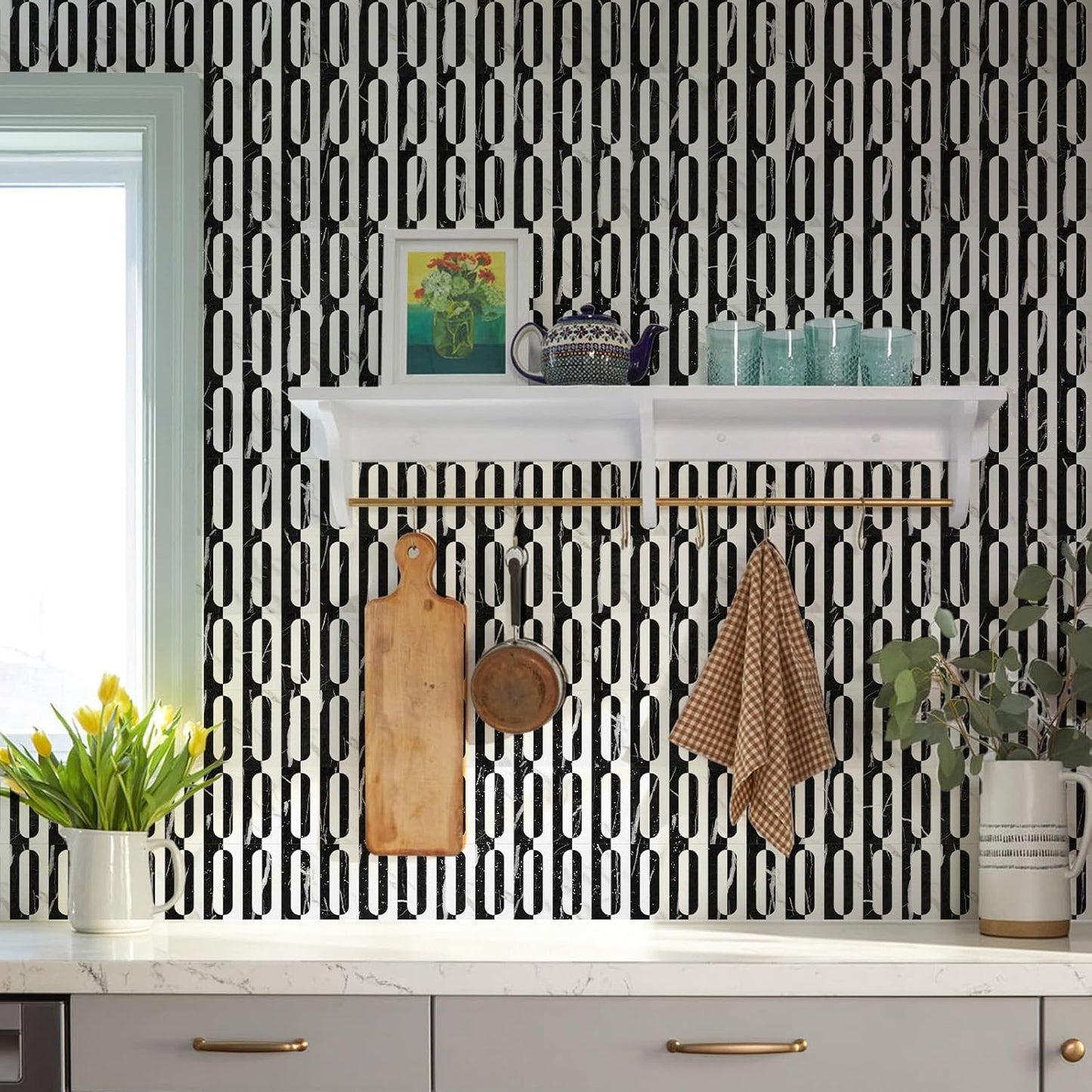 STICKGOO Peel and Stick Backsplash Tiles 12"x12", Waterproof Stick on Kitchen & Bathroom Backsplash, PVC Self Adhesive Wall Tiles for Fireplace, White/Marble Black (10 Sheets)
