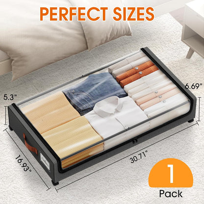 SpaceHacks Under Bed Storage with Wheels 2Pack Storage Containers with Clear Window&Label Under Bed Drawers Rolling Under Bed Storage for Clothes,Shoes, Blankets (30.71 x 16.93 x 6.69 in, Dark Grey)