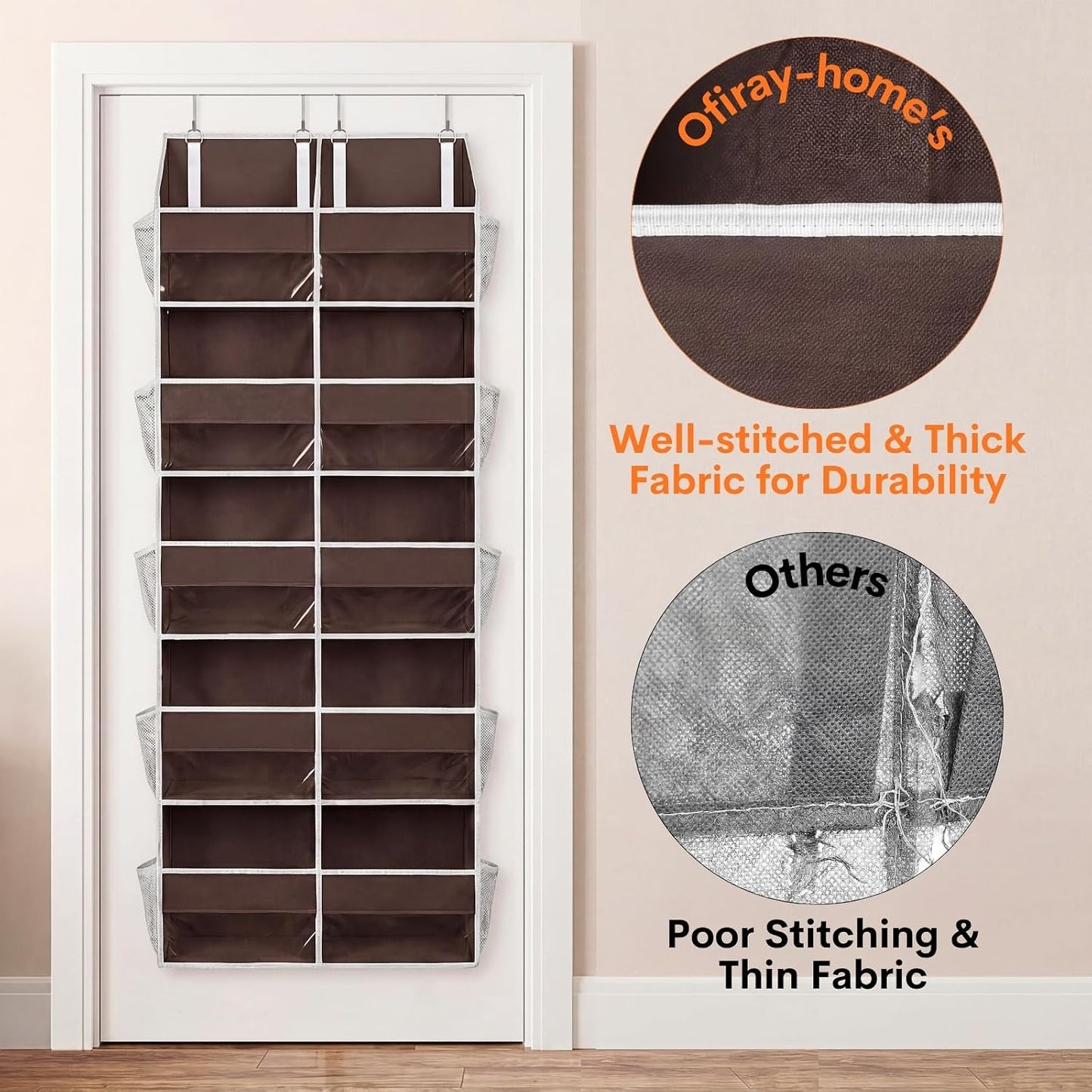 Over The Door Organizer, 5-Tier Extra Large Behind Door Storage with 10 Big Front & 10 Mesh Pockets, 80lb Capacity, Hanging Storage Organizer with Clear Window Kids Toys, Shoes, Diapers, Light Grey