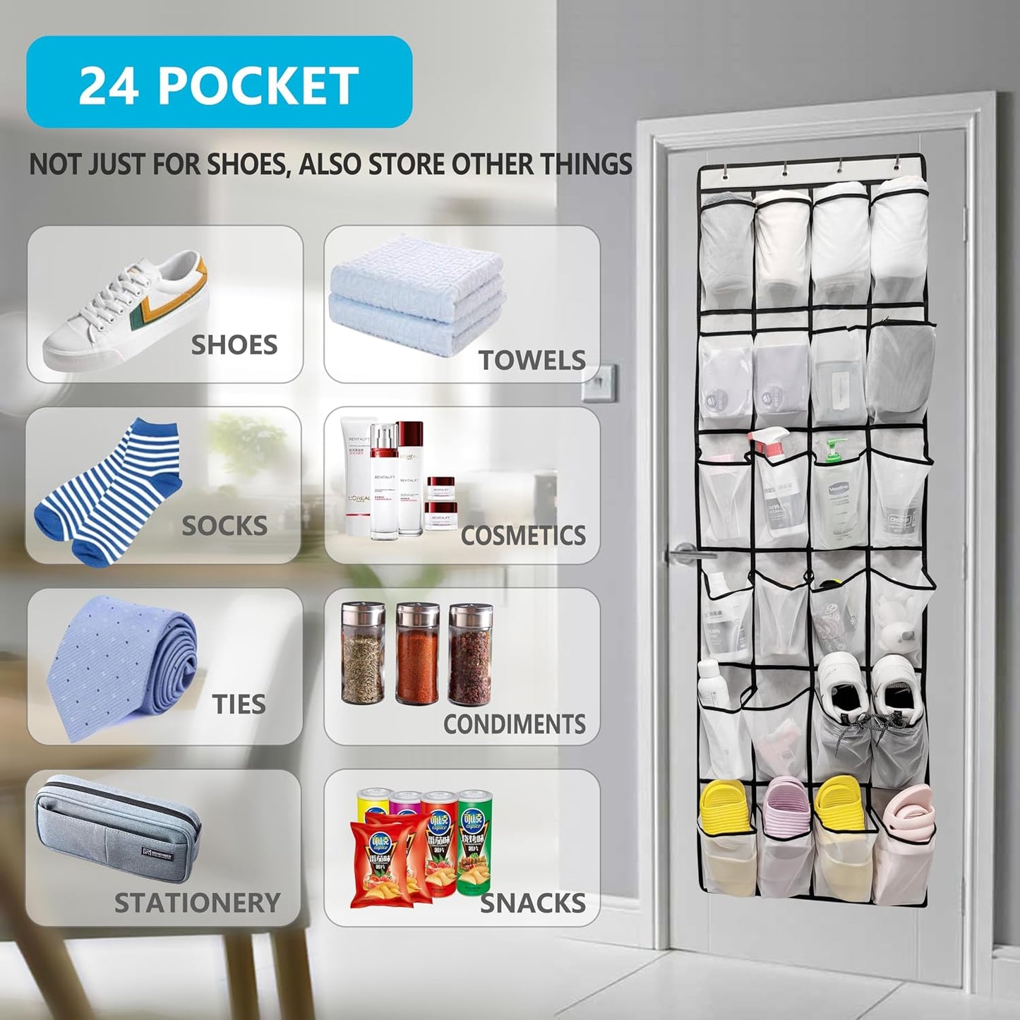 Over The Door Shoe Organizer with 24 Large Breathable Mesh Pockets Sturdy Closet Door Shoe Storage Holder Hanging SimpleHouseware Men Women Kids Shoe Holder for Rack (Black)