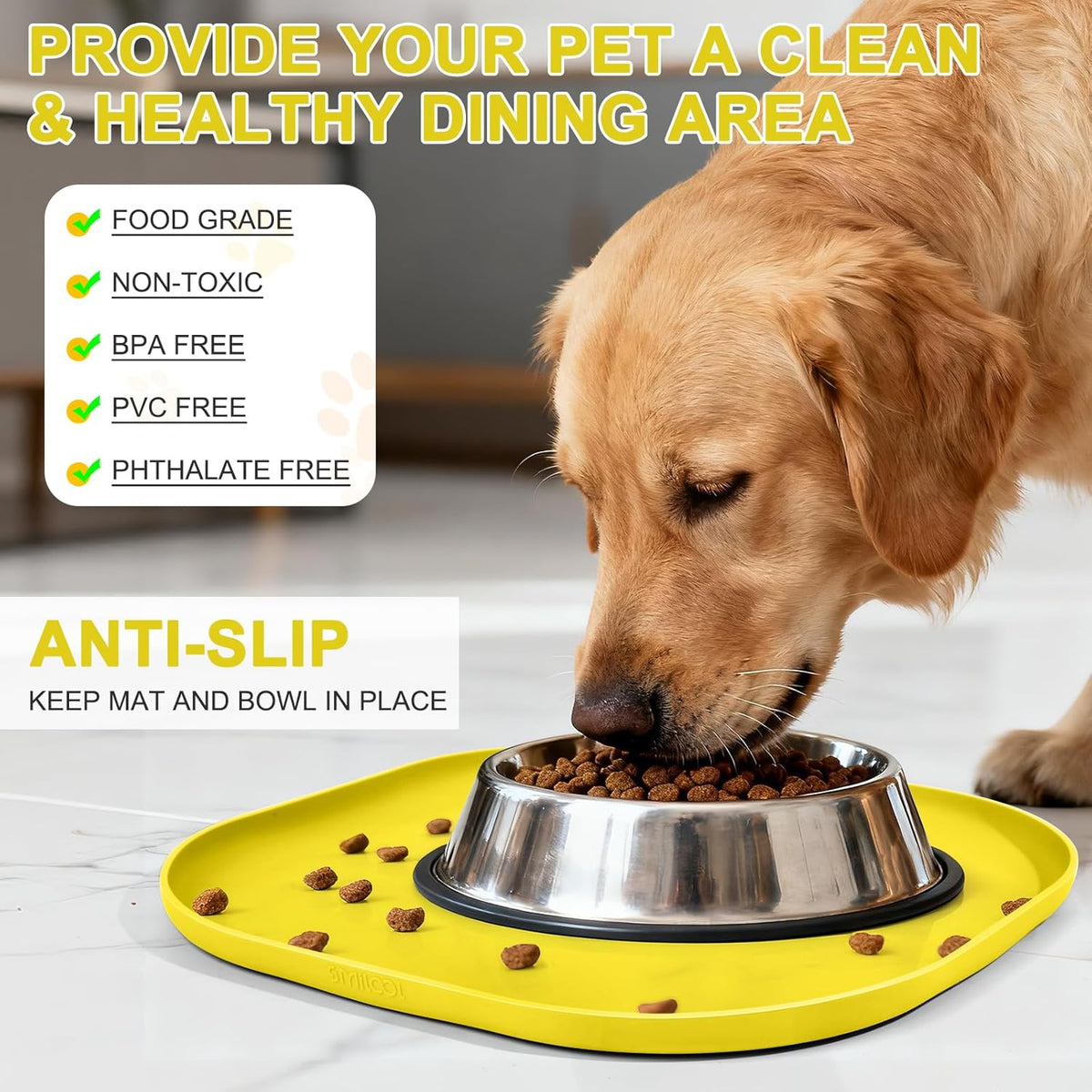 SMILOOL Silicone Pet Food Mat with Raised Edge for Food and Water Bowl, Dog Feeding Mats, Cat Food Trays for Floor Waterproof, Rubber Tray for Dogs and Cats, 19 x 12 x 0.7 Black