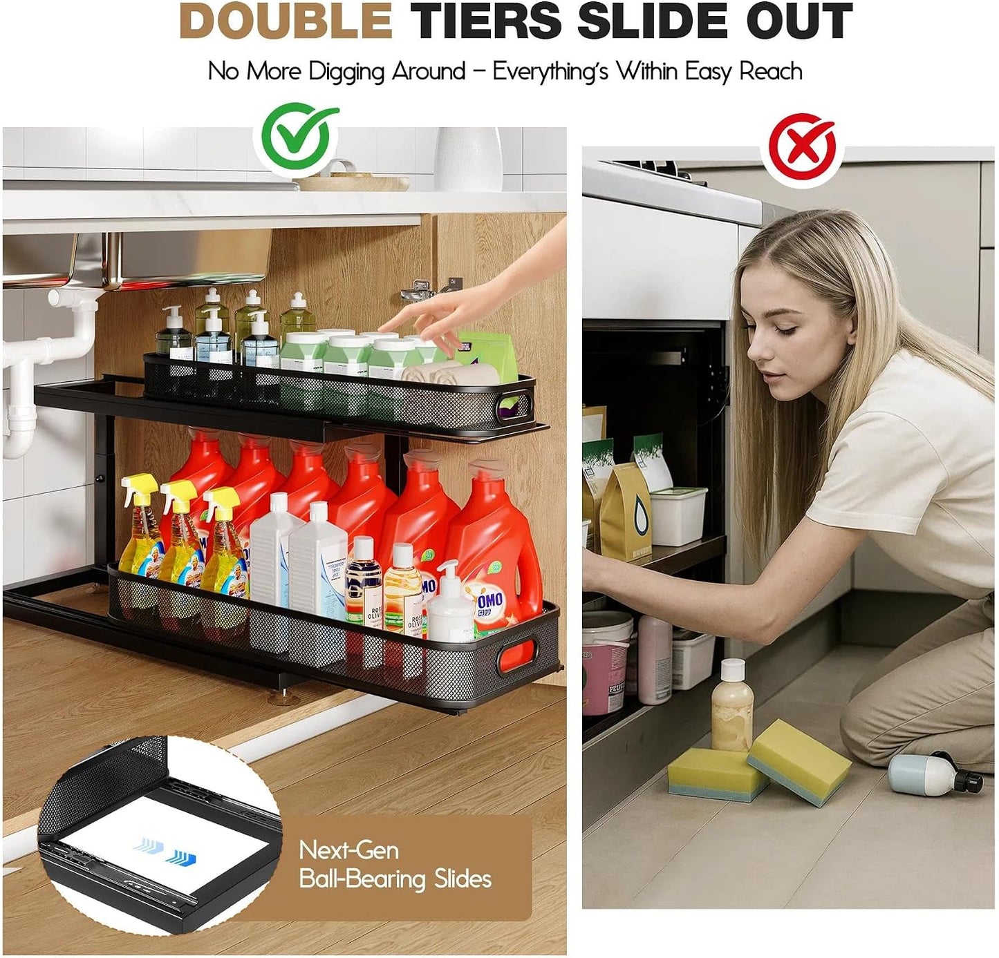 2-Pack Under Sink Storage Organizer with 2-Tier Slide Out Drawer, Sophisticated Mesh Pull Out Shelf for Kitchen & Bathroom, Fits Small Items, Upgraded Arched Track for Smooth Gliding(Patented)