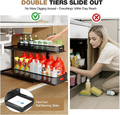 2-Pack Under Sink Storage Organizer with 2-Tier Slide Out Drawer, Sophisticated Mesh Pull Out Shelf for Kitchen & Bathroom, Fits Small Items, Upgraded Arched Track for Smooth Gliding(Patented)