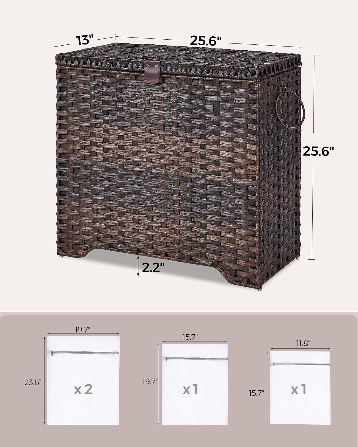 130L Laundry Hamper with Lid, 3 Section Laundry Hamper with 3 Removable Liner Bags, Large Wicker Laundry Basket with 4 Mesh Laundry Bags, Clothes Hamper for Laundry Room, Bedroom, Bathroom