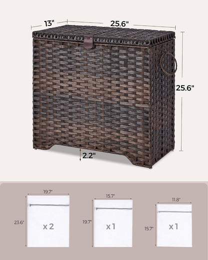 130L Laundry Hamper with Lid, 3 Section Laundry Hamper with 3 Removable Liner Bags, Large Wicker Laundry Basket with 4 Mesh Laundry Bags, Clothes Hamper for Laundry Room, Bedroom, Bathroom