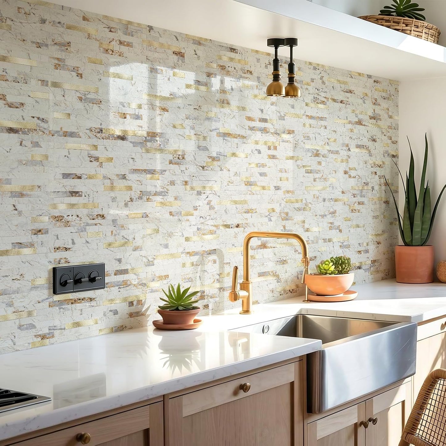 STICKGOO 20 Sheets Peel and Stick Backsplash Tile, Stick on Backsplash for Kitchen and Bathroom, White Sandstone Look PVC Mixed Metal Gold Self Adhesive Wall Tiles