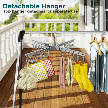 KINGBOARD Clothes Drying Rack, 2-Tier Foldable Drying Rack Clothing, 72-Inch Laundry Drying Rack with 3 Rotatable Arms and 24 Clips, Free Standing Drying Rack, Grey and Silver