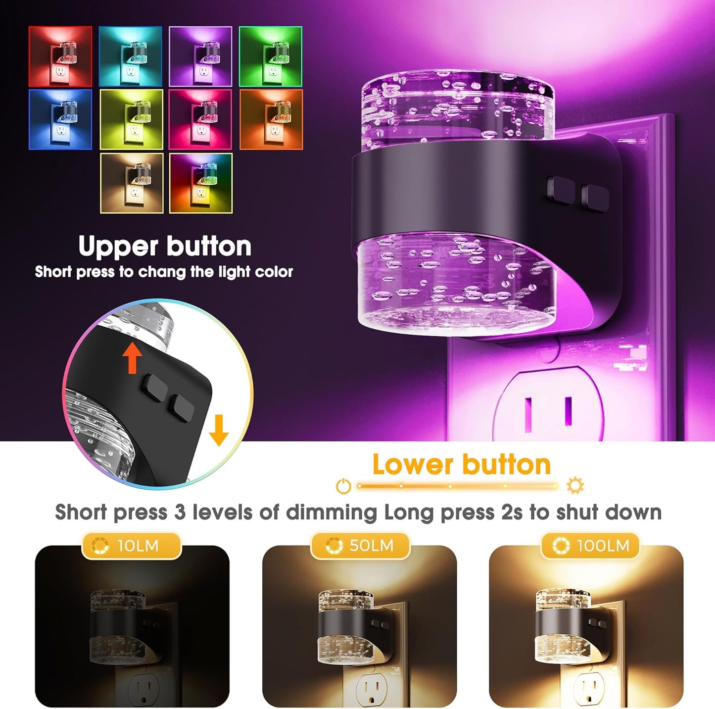 L LOHAS LED Night Light, Bubble Night Lights Plug into Wall,2 Pack 3000K/4000k/5000K Adjustable Color Temperature Night Light,Dimmable Nightlights with Dusk to Dawn Sensor for Rooms Bathroom Hallway