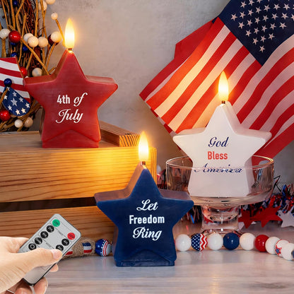 4th of July Flameless Pillar Candles with Remote, Patriotic Red White and Blue Battery Operated Star Shaped LED Pillar Candle Set of 3, Independence Day Decorations for Home Party Table Fireplace