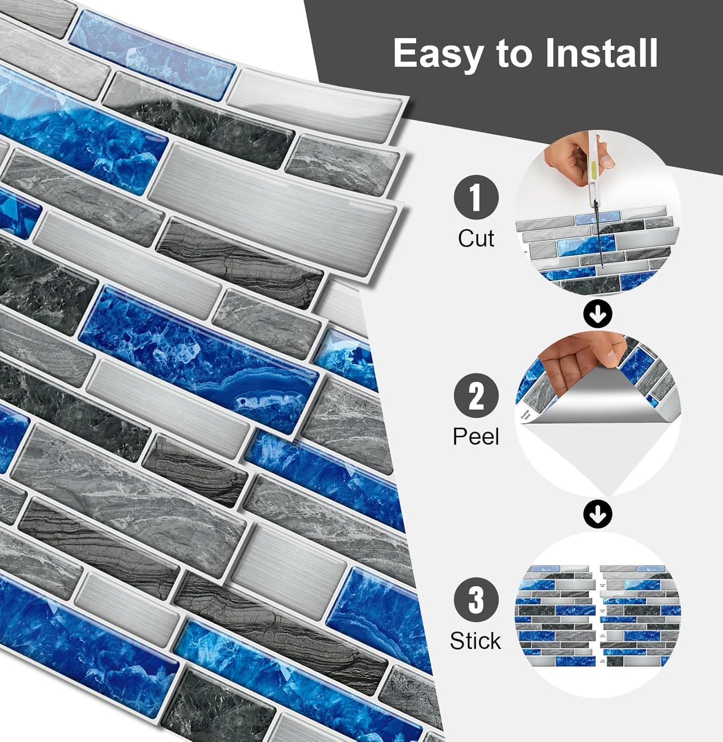 10 Sheets Peel and Stick Backsplash, Peel and Stick Tiles, Marble Look Wall Tiles Backsplash for Kitchen and Bathroom, Livingroom, 12”x12”,Blue&Grey