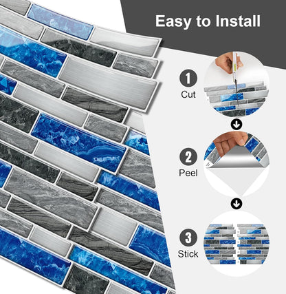 10 Sheets Peel and Stick Backsplash, Peel and Stick Tiles, Marble Look Wall Tiles Backsplash for Kitchen and Bathroom, Livingroom, 12”x12”,Blue&Grey