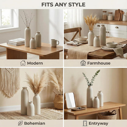 CEMABT Beige Ceramic vase Set-3 Small Flower vases for Decor,Modern Boho Farmhouse Home Decor,Decorative vase for Pampas Grass&Dried Flowers,idea Shelf,Table,Bookshelf ，Entryway- Distressed