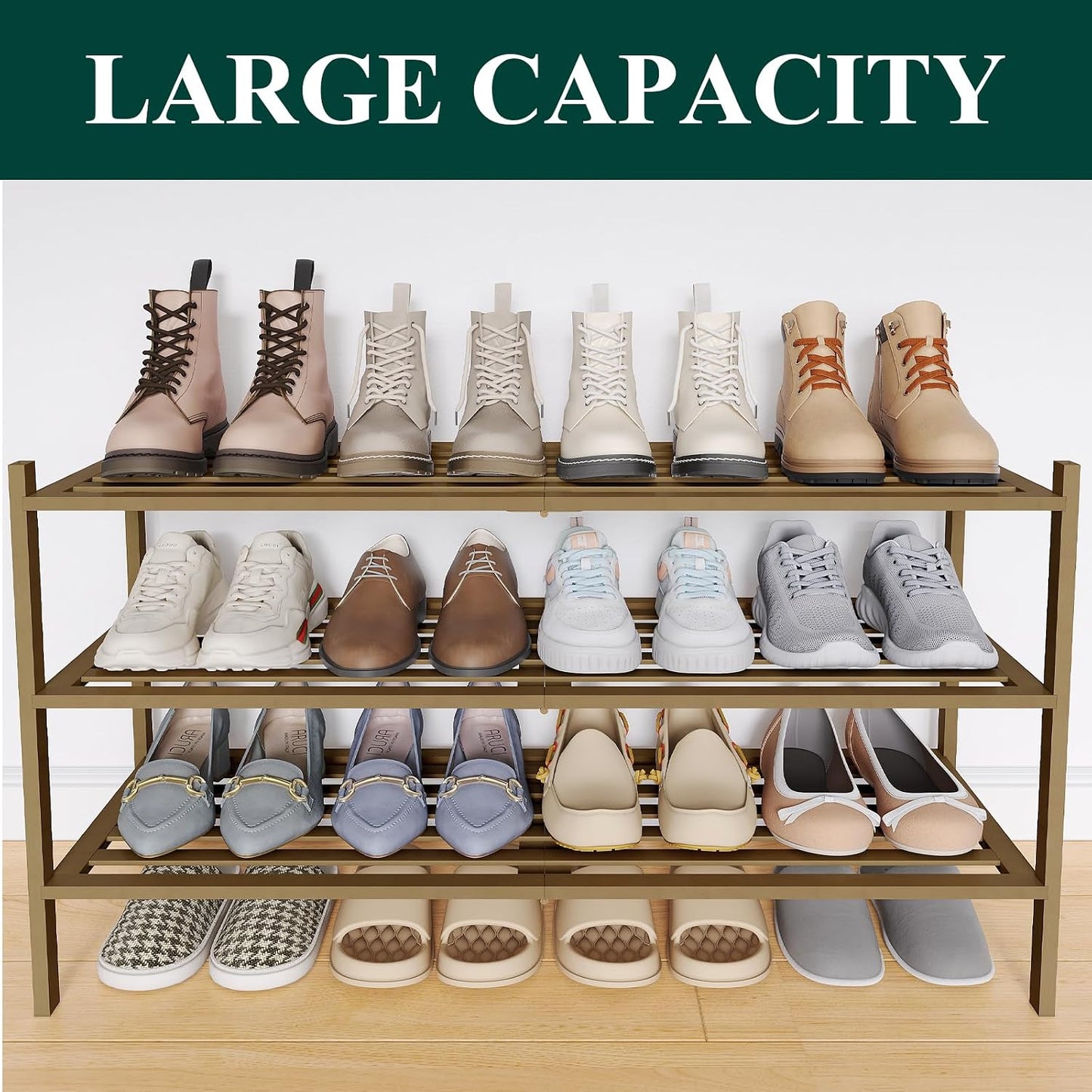 Smiry Bamboo Shoe Rack, 3 Tier Free Standing Wooden Shoe Organizer, Stackable Wood Shoe Storage Shelf for Closet, Entryway, 5 Horizontal Slats, 26.8"x11"x18.3", Natural