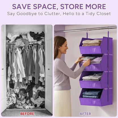 2 Pack 4-Tier Hanging Closet Organizer, Detachable Hanging Storage Shelves with Reinforced Side Panels, Hanging Closet Organizer for Clothes, Sweaters, Towels, Socks & Accessories, Purple