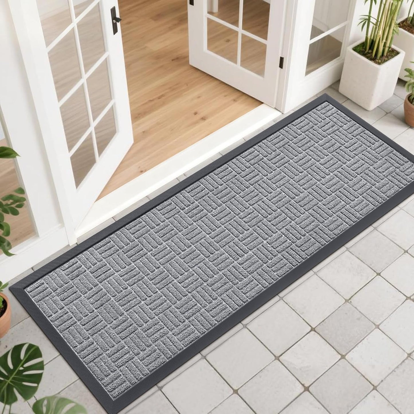 OLANLY Front Door Mat Outside Entrance 29.5x17, Absorbent, Heavy Duty Sturdy Natural Rubber Doormat Indoor Outdoor, Stain and Fade Resistant, Non-Slip Backing Low Profile Floor Mat for Entryway, Grey
