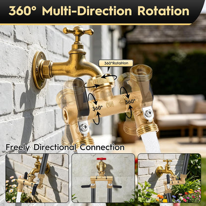 2 Way Garden Hose Splitter, Brass Y-Valve Hose Splitter. | Brass Garden Hose Splitter, 2 Way Heavy Duty Faucet Splitter with Shut Off Valve, 3/4" GHT Thread, Hose Bib Adapter