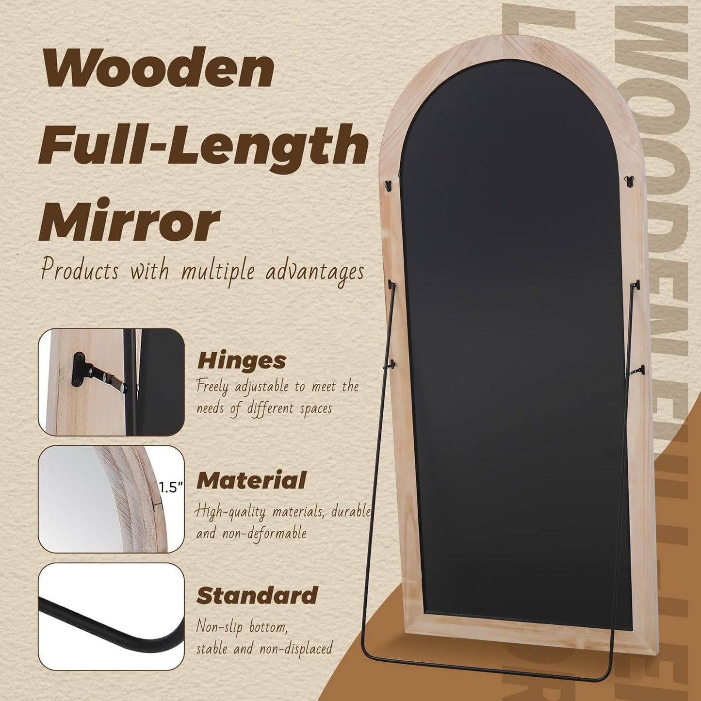 Antok Full Length Mirror with Solid Wood Frame, 71"×32" Wall Mounted Oversized Floor Mirror with Stand, Leaning Standing Hanging for Bedroom Living Room Entryway, Walnut, Arched Syle