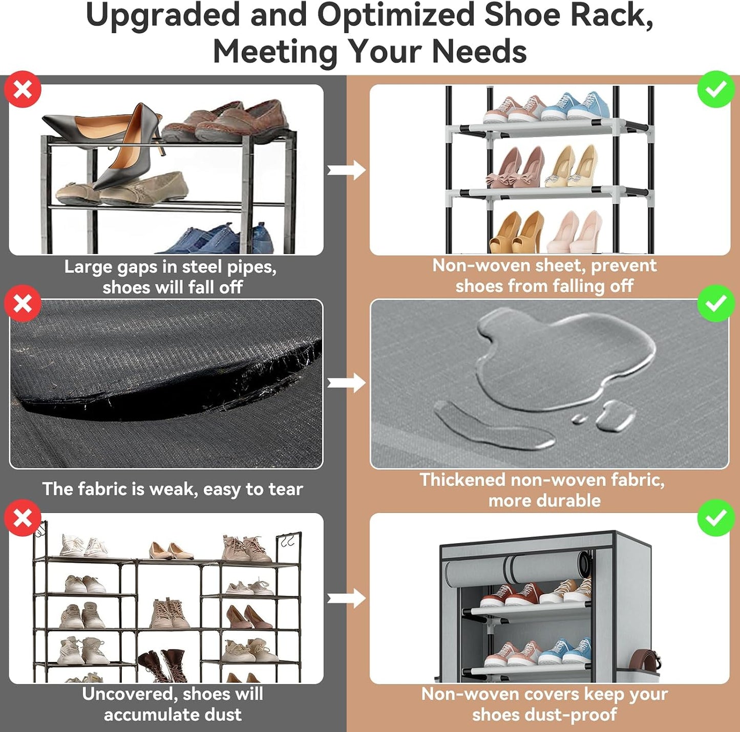 ROJASOP 10 Tier Shoe Rack with Covers,Large Capacity Stackable Tall Shoe Shelf Storage to 50-55 Pairs Shoes and Boots Sturdy Metal Free Standing Shoe Rack Organizer for Closet Entryway Garage