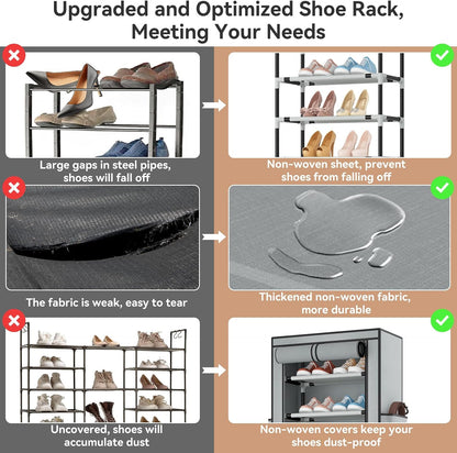 ROJASOP 10 Tier Shoe Rack with Covers,Large Capacity Stackable Tall Shoe Shelf Storage to 50-55 Pairs Shoes and Boots Sturdy Metal Free Standing Shoe Rack Organizer for Closet Entryway Garage