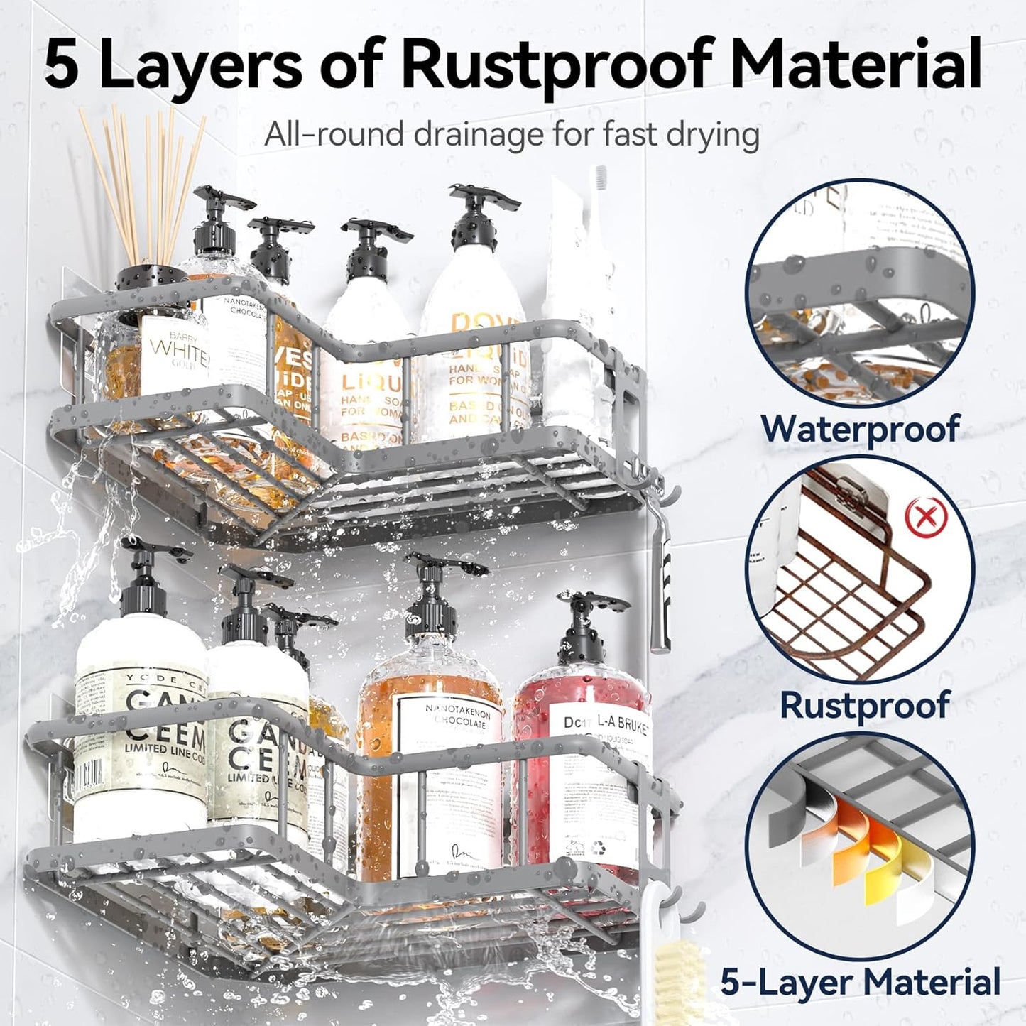 YASONIC Corner Shower Caddy, 5-Pack Adhesive Rustproof Stainless Steel Shower Organizer with Soap Holder, No Drilling Shower Shelf for Inside Shower, Dorm, Renters, Black