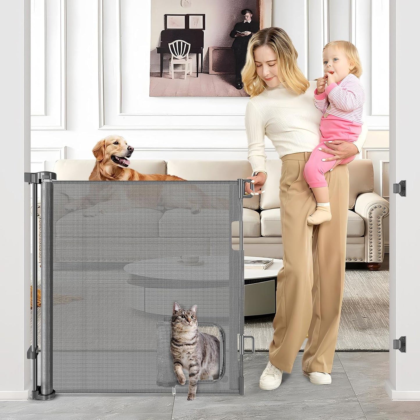 Retractable Baby Gate with Cat Door 55" Wide Retractable Baby Gate for Stairs Mesh Baby Gate with Pet Door Retractable Dog Gate for The House Retractable Pet Gate with Door Safety Gates for Toddlers