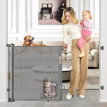 Retractable Baby Gate with Cat Door 55" Wide Retractable Baby Gate for Stairs Mesh Baby Gate with Pet Door Retractable Dog Gate for The House Retractable Pet Gate with Door Safety Gates for Toddlers