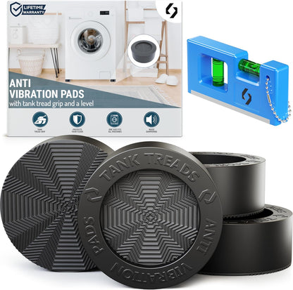Anti Vibration Pads for Washing Machine - 4 XL Pads with Tank Tread Grip + Level - Washer Dryer Pedestals Fits All Machines - Noise Dampening, Protects Laundry Room Floor - Washing Machine Support