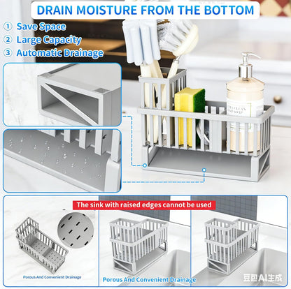 Yieach Rustproof Sink Caddy & Kitchen Sink Organizer,Plastic Dish Sponge Holder with High Scrub Brush Holder,Sponge Rack for Kitchen Sink,Multifunctional Sponge Drain Rack,Dish Soap Caddy & Dispenser