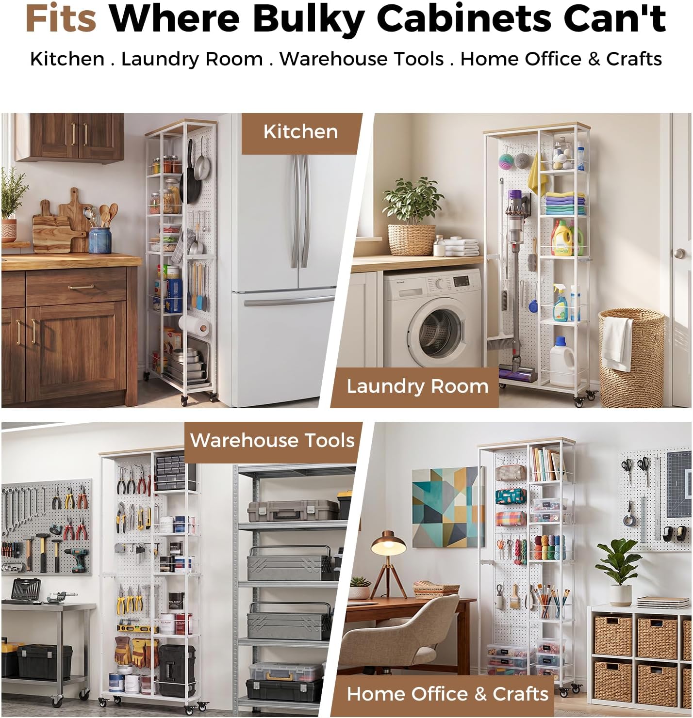 Slim Rolling Storage Cart, 8.3 Inch Narrow Storage Cart with Wheels, Pegboard & 5 Tier Shelves, Mobile Slim Storage Rack Next to Fridge for Kitchen, Laundry, White
