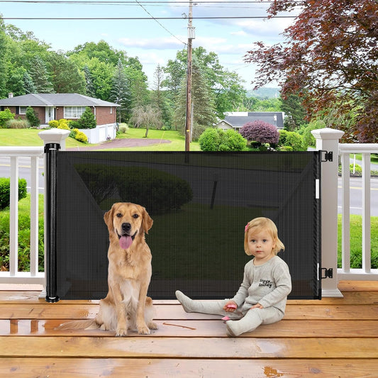 55 Inch Retractable Dog Gate Outdoor Scratch-Resistant Mesh Baby Gate for Stairs Retractable Baby Gates for Doorways Anti-Climb Outdoor Dog Gates for Decks Keep Kid/Pet away from Dangerous Place, Gray