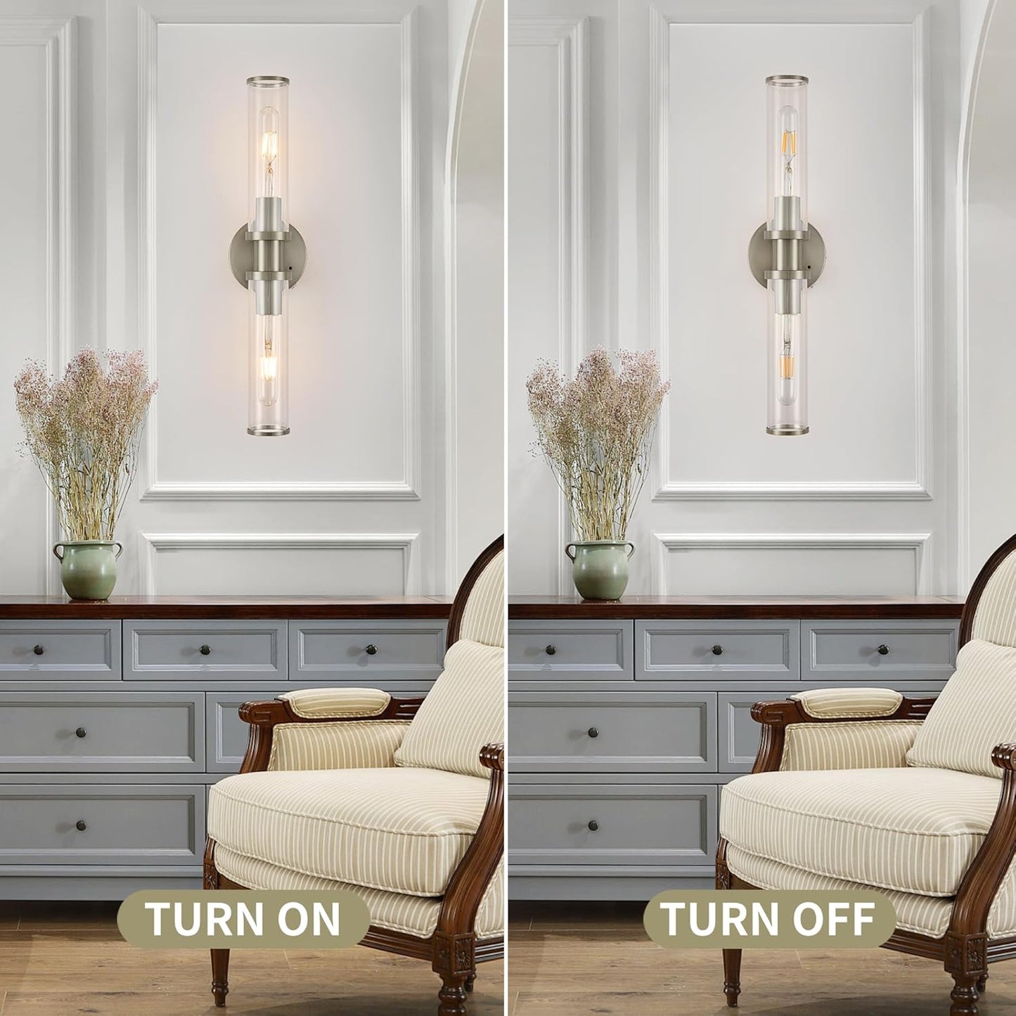 Wireless Wall Sconces with Remote Control, Battery Operated Wall Sconce Set of 2 with Timer, Gold Rechargeable Dimmable Glass Wall Lights for Living Room Bedroom Hallway Entryway 3000K, 20.5 Inch