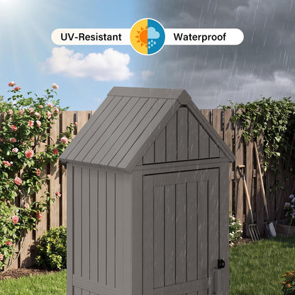 Bifanuo Deck Box Storage Shed Outdoor Storage Cabinet, Vertical Waterproof Resin Material Plastic Shed with Removable Shelves, 12 Hooks and Lock Ring for Garden, Pool and Patio (Classic Black)