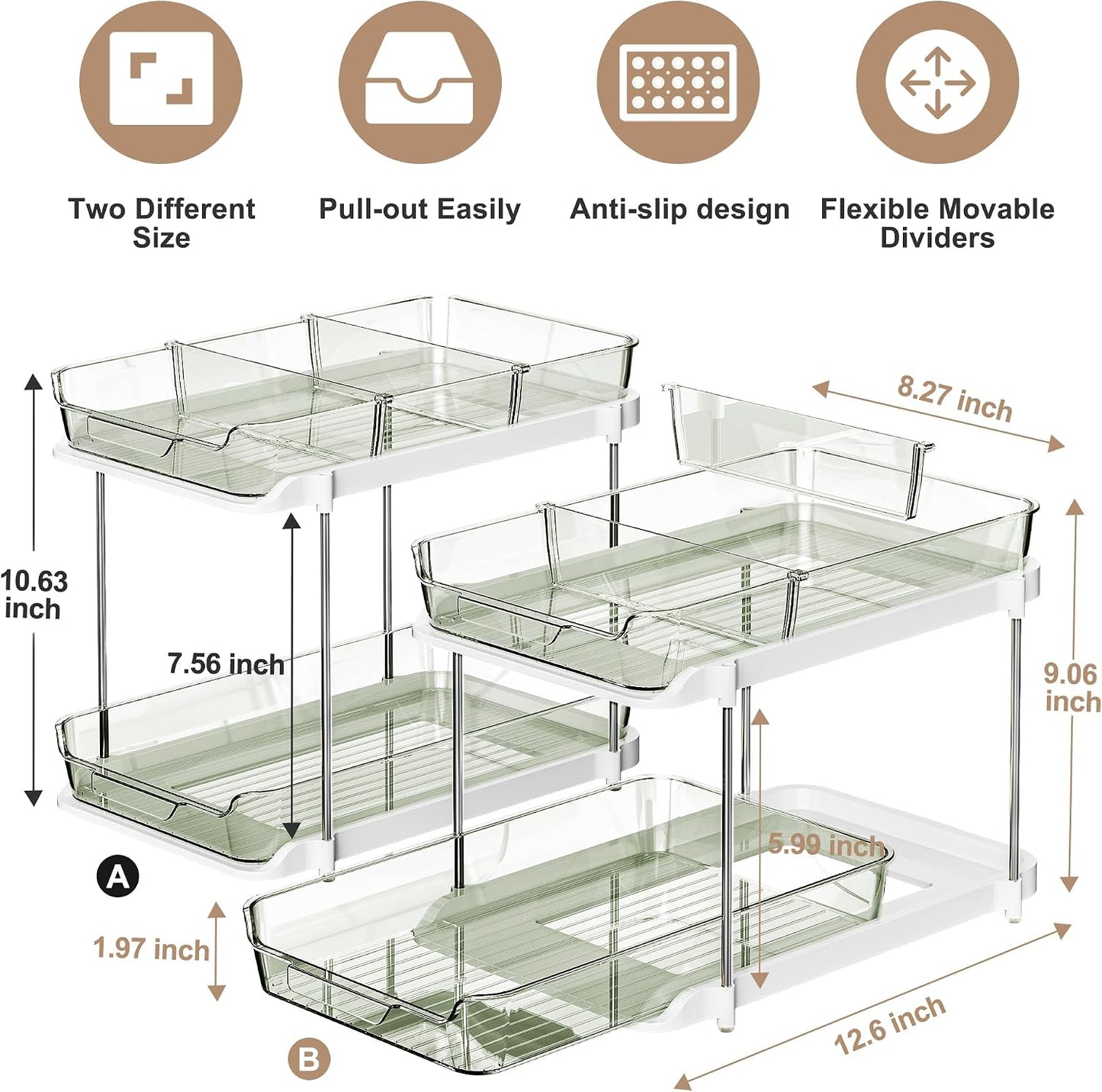 Delamu 2-Tier Multi-Purpose Bathroom Under Sink Organizers and Storage, Stackable Kitchen Pantry Organization, Pull Out Medicine Cabinet Organizer with Movable Dividers, White, 2 Pack