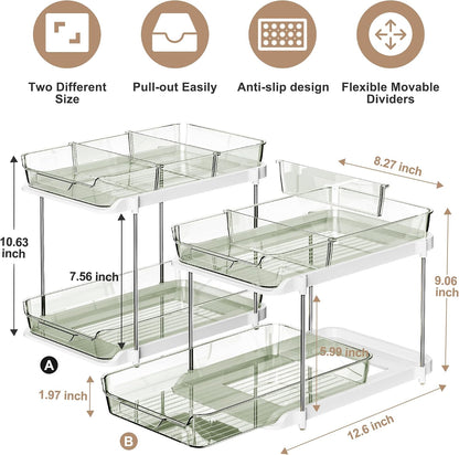 Delamu 2-Tier Multi-Purpose Bathroom Under Sink Organizers and Storage, Stackable Kitchen Pantry Organization, Pull Out Medicine Cabinet Organizer with Movable Dividers, White, 2 Pack