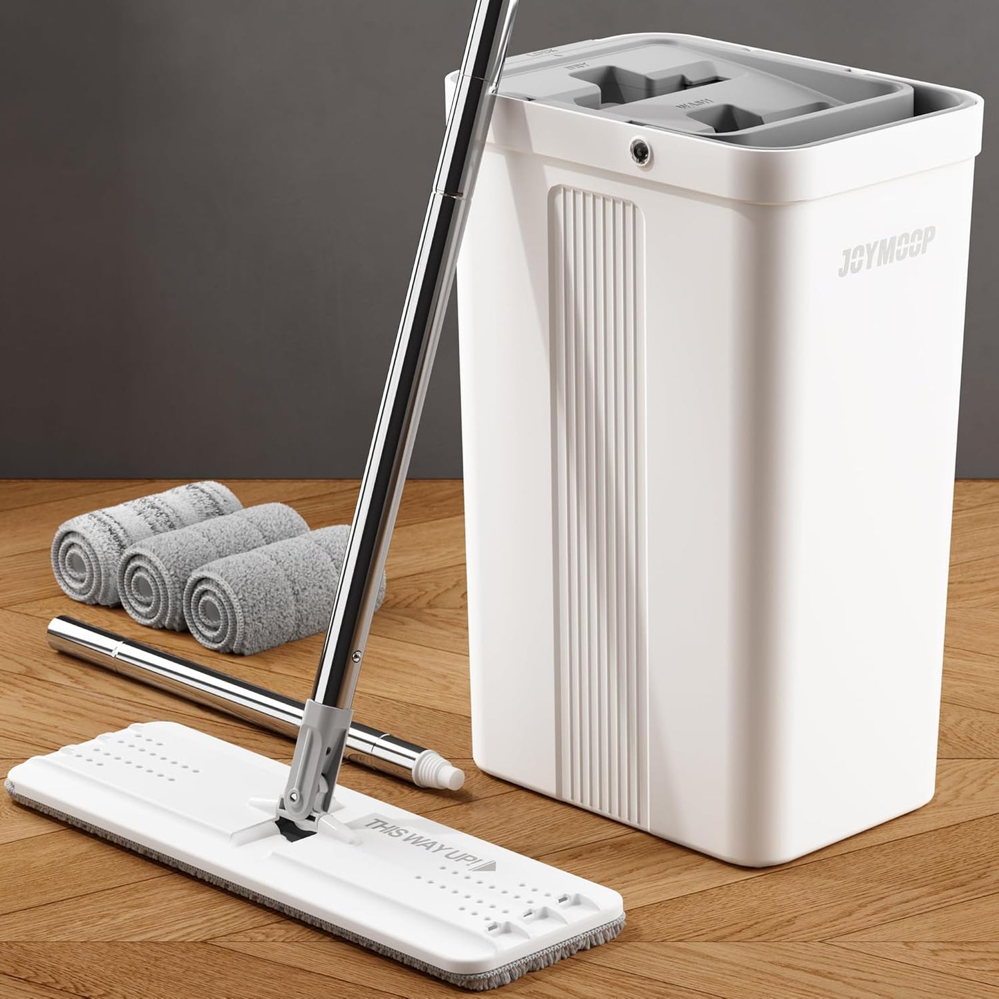 JOYMOOP Mop and Bucket Set, Flat Mops for Floor & Wall Cleaning, Commercial & Household Use, Hardwood Floor Mop with Long Handle & 4 Microfiber Pads