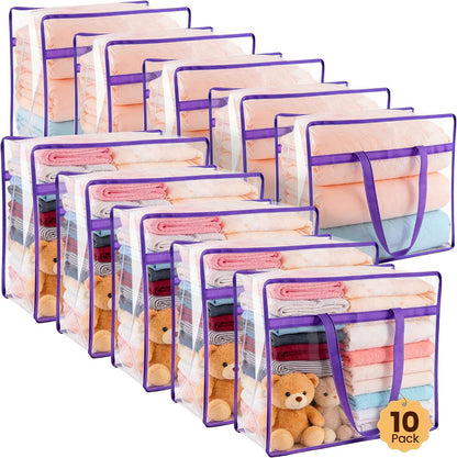 8 Pack Clear Clothes Storage Bags, Double Zipper Design 40L Underbed Moving Bags for Blankets and Clothes, Large Capacity Closet Organizers and Storage for Dormitory, Bedroom, Closet-Purple