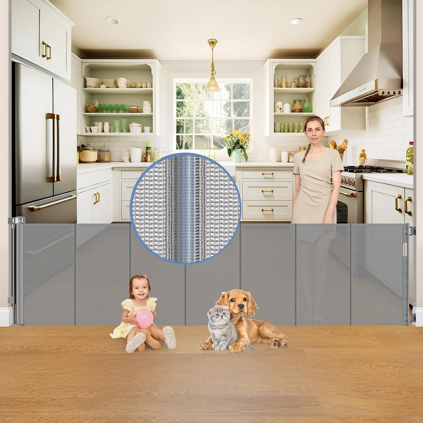 Reinforced Retractable Baby Gates with Support Beam 60" Wide Retractable Dog Gate Indoor Prevent Children and Dogs from Crawling Under Outdoor Dog Gate for Deck Mesh Gates for Kids or Pets, Black